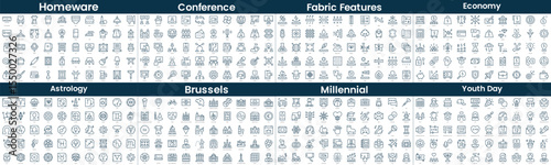 Linear Style Icons Pack. In this bundle include homeware, conference, fabric features, economy, astrology, brussels, millennial, youth day