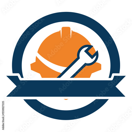Orange hardhat is depicted with a wrench above a blank blue ribbon emblem