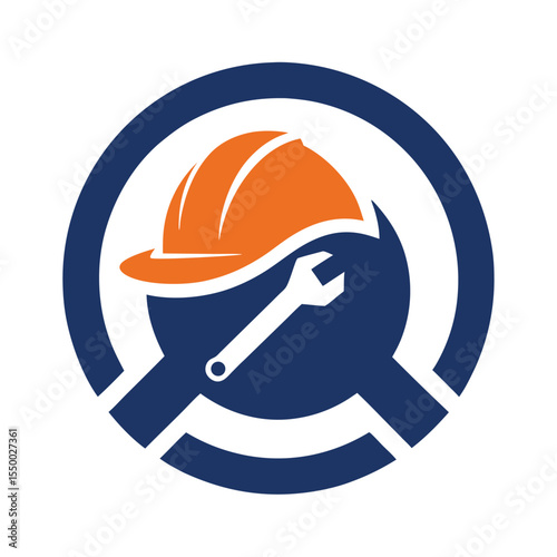 Orange hardhat and wrench overlap in a blue circular icon representing service