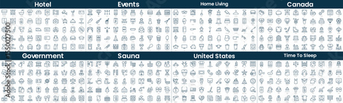 Linear Style Icons Pack. In this bundle include hotel, events, home living, canada, government, sauna, united states, time to sleep