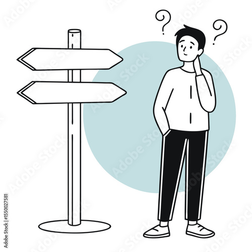 A thoughtful man contemplates direction under question marks next to a signpost with transparent background