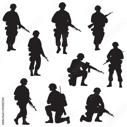Collection of black silhouettes of soldiers in various poses holding rifles
