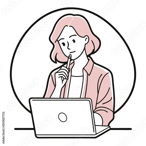 Asian woman ponders near the laptop while holding a pen, with transparent background