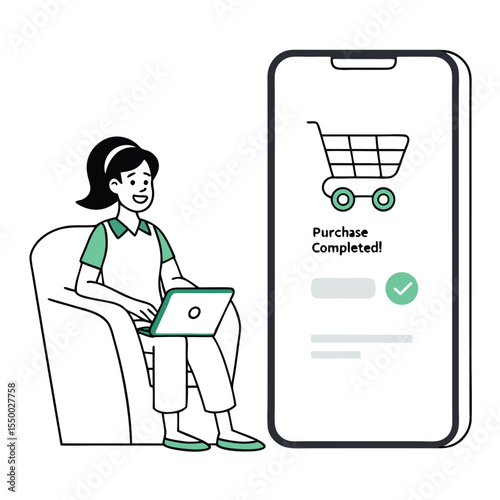Animated young woman uses laptop as purchase completes on her phone screen