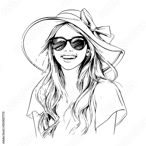 a black and white sketch of a beautiful woman wearing a big hat and sunglasses art, beautiful, big, black, drawing, girl, glass, hat, portrait, sketch, sunglass, wear, woman , Generative art.