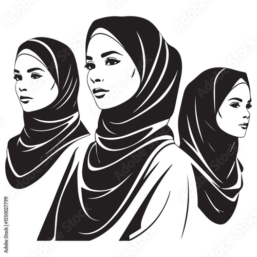 Three elegant women wearing hijabs in a minimalist black and white illustration