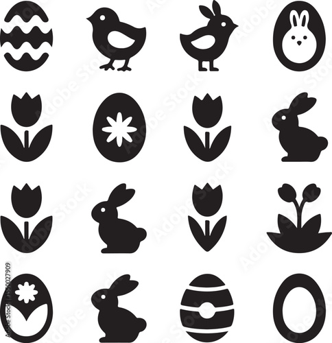 Sixteen Black Easter Icons Set Including Rabbits Chicks Tulips Eggs and Flowers Simple Silhouette Style Design Elements