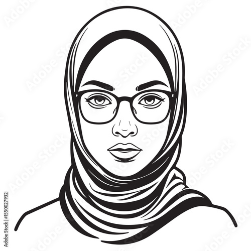 Stylish muslim woman wearing glasses and hijab in black and white line art portrait