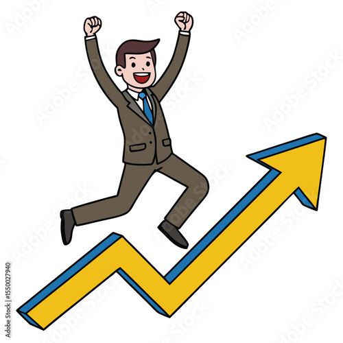 Cheerful businessman jumps with joy over an upward pointing yellow arrow on a white background