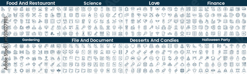 Linear Style Icons Pack. In this bundle include food and restaurant, science, love, finance, gardening, file and document, desserts and candies, halloween party