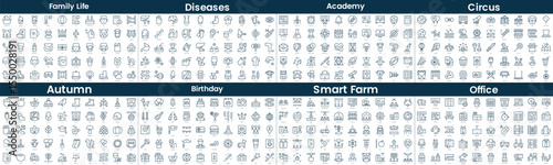 Linear Style Icons Pack. In this bundle include family life, diseases, academy, circus, autumn, birthday, smart farm, office