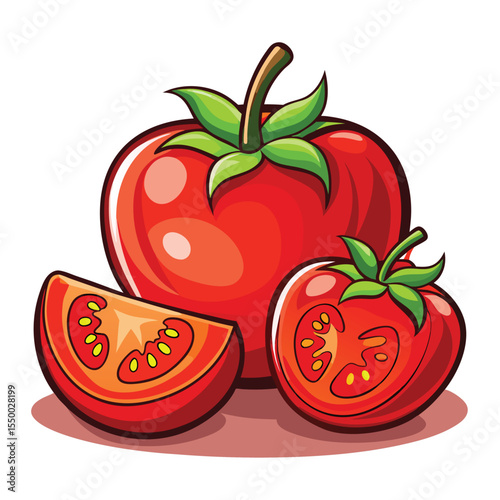 Vibrant illustration of fresh ripe tomatoes including a whole tomato and slices on white