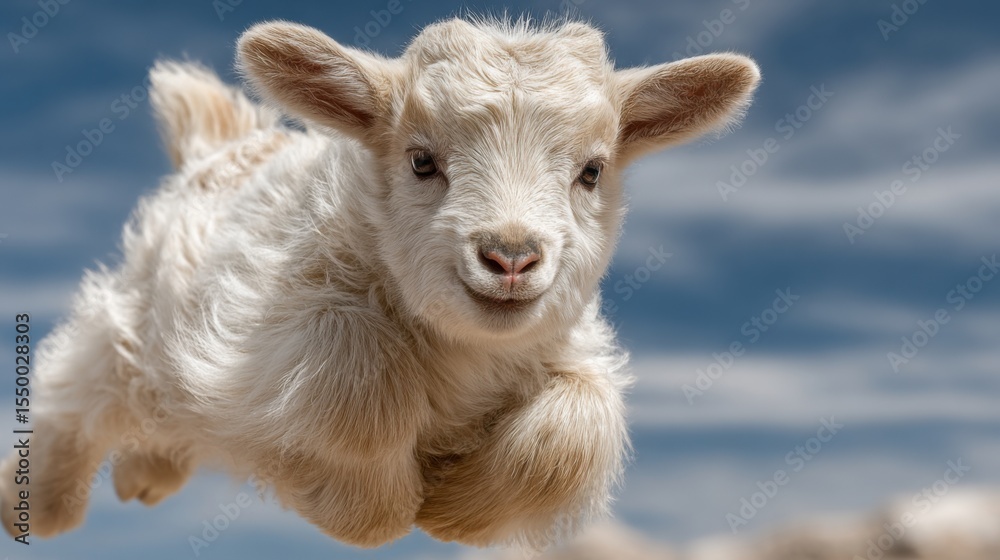 Obraz premium A young goat is captured mid-leap in a vibrant pasture. The animal displays energy and playfulness under clear blue skies, illuminating the idyllic countryside setting.