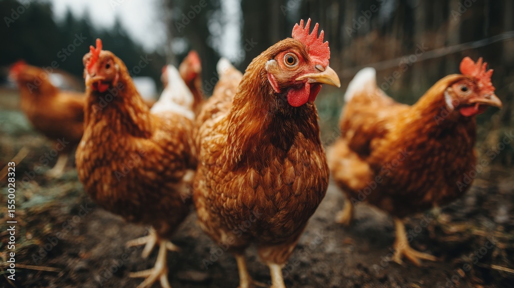 Fototapeta premium Several brown chickens explore the grassy area, pecking at the ground. The backdrop includes tall trees and a slight overcast sky, creating a serene farm atmosphere.