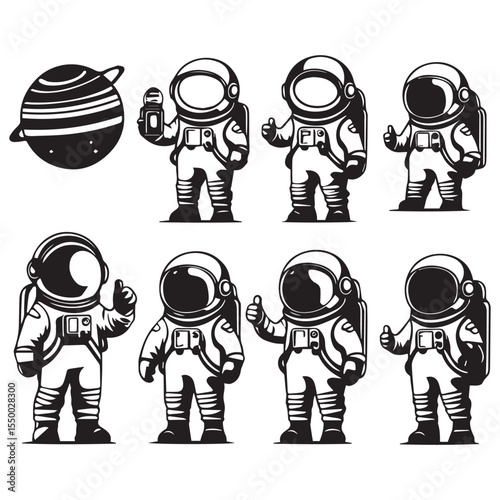 Collection of astronauts in space suits with a planet illustration