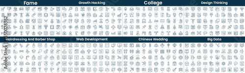 Linear Style Icons Pack. In this bundle include fame, growth hacking, college, design thinking, hairdressing and barber shop, web development, chinese wedding, big data