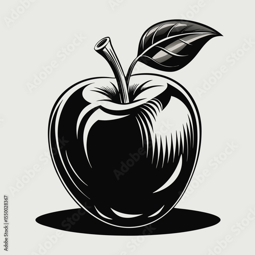 Vintage style illustration of a black and white apple with leaf and stem on a light background