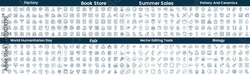 Linear Style Icons Pack. In this bundle include factory, book store, summer sales, pottery and ceramics, world humanitarian day, fair, vector editing tools, biology