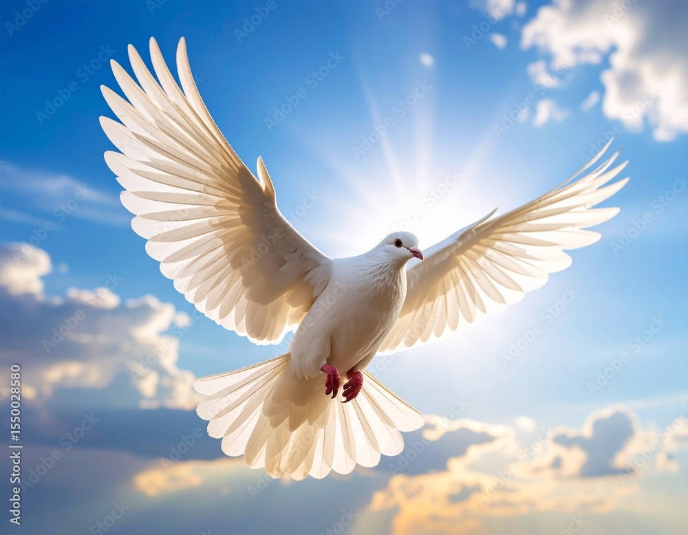 Fototapeta premium Majestic dove captured in motion, its feathers glowing in the sunlight as it hovers in a serene, open sky.