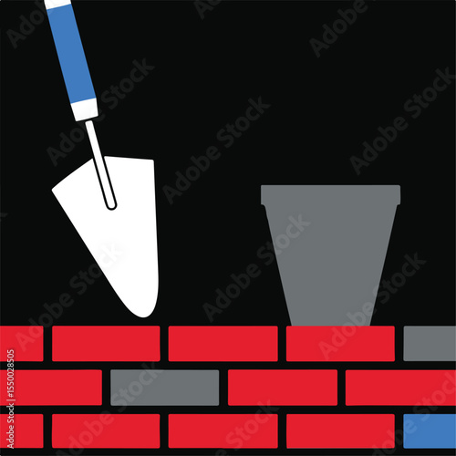 Construction Site Scene Bricklaying with Trowel and Bucket
