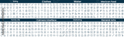 Linear Style Icons Pack. In this bundle include diving, clothes, water, mexican food, family life, camera interface, marketing, general arts