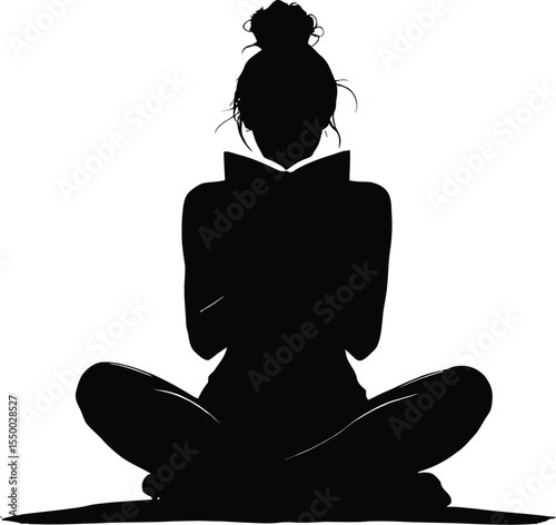 Woman Reading Book Silhouette Vector – Cross-Legged Pose with Hair Bun and Focused Expression