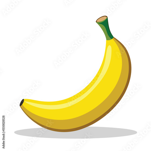 A single ripe yellow banana cartoon illustration isolated on a white background with a shadow