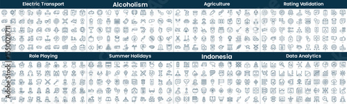 Linear Style Icons Pack. In this bundle include electric transport, alcoholism, agriculture, rating validation, role playing, summer holidays, indonesia, data analytics