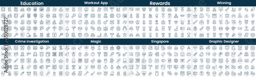Linear Style Icons Pack. In this bundle include education, workout app, rewards, winning, crime investigation, magic, graphic designer, workplace