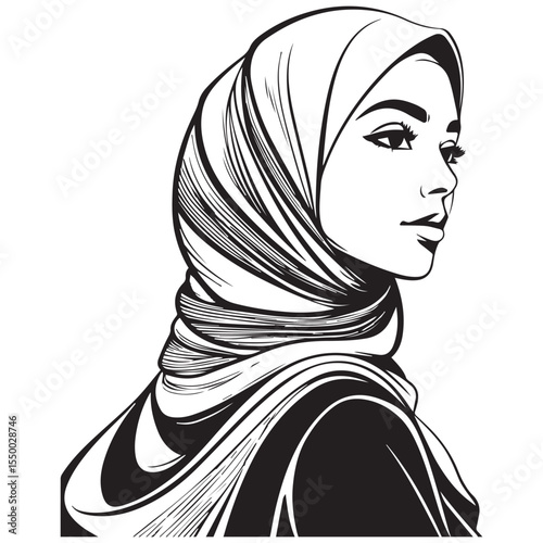 Elegant black and white illustration of a woman wearing a hijab in profile