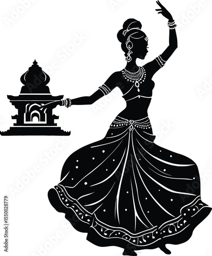 Classical Indian Dancer Silhouette Vector – Cultural Female Figure with Temple Prop and Traditional Attire