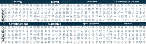 Linear Style Icons Pack. In this bundle include ecology, travel, take away, contraceptive methods, advertisement, colombia, sport equipment, royalty
