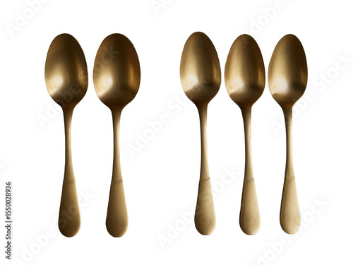 Gold spoons flatware kitchen utensils tableware cutlery shiny metal object on transparent background