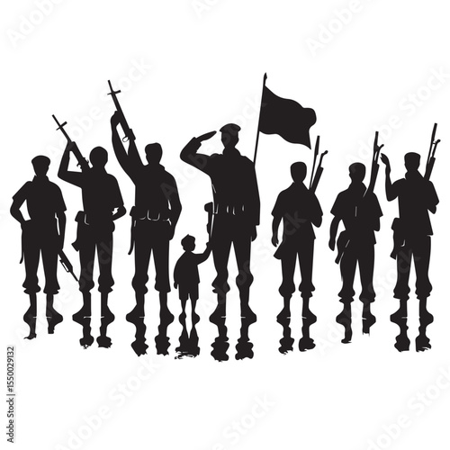 Silhouette of soldiers with rifles and a child next to a waving flag
