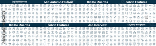 Linear Style Icons Pack. In this bundle include digital nomad, mid autumn festival, dia de muertos, fabric features, dia de muertos, fabric features, job interview, loyalty program