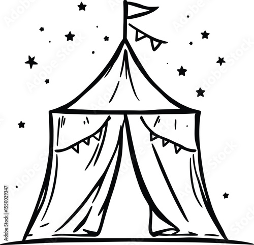 Circus Tent Silhouette Vector – Festive Black and White Design with Pennants and Stars