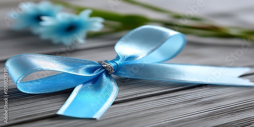Light blue ribbon bow on wooden surface