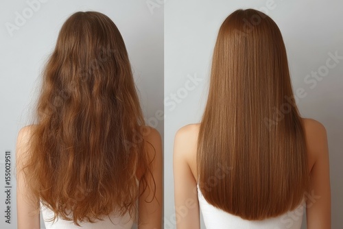Hair transformation before after on neutral setting. Modern setup for beauty or hair treatment themes, perfect for shiny or restored ideas. Ideal for salon or glowing visuals.