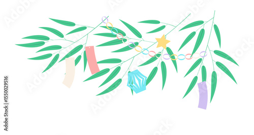 Tanabata Festival bamboo tree branches, traditional tanzaku, paper decorations isolated on transparent. Hand drawn vector illustration. Flat design. Japanese summer holiday clip art element
