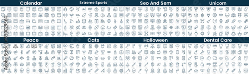 Linear Style Icons Pack. In this bundle include calendar, extreme sports, seo and sem, unicorn, peace, cats, halloween, dental care