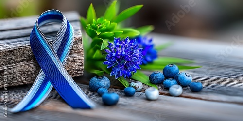 Awareness ribbon with blue flowers and berries