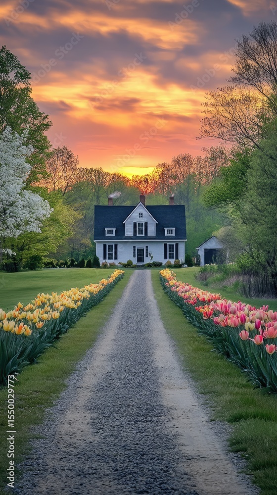 Fototapeta premium Rustic home at sunset, flower-lined drive