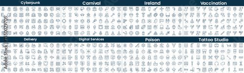 Linear Style Icons Pack. In this bundle include cyberpunk, carnival, ireland, vaccination, delivery, digital services, poison, tattoo studio