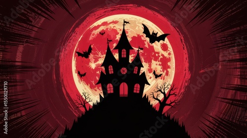 Haunted castle under a blood red moon