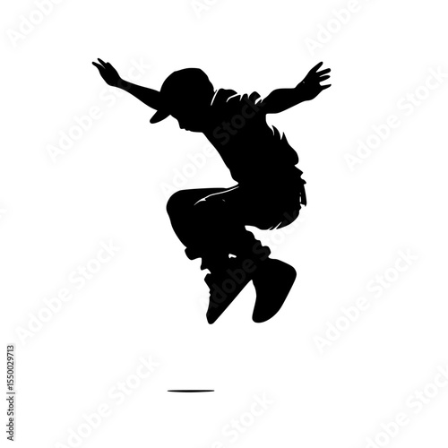 a black and white silhouette of a person jumping on a skateboard black, jump, man, person, silhouette, skateboard, skateboarder , Generative art.