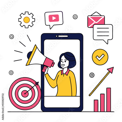 Young woman announces through megaphone, displayed inside phone with chart behind, isolated on white