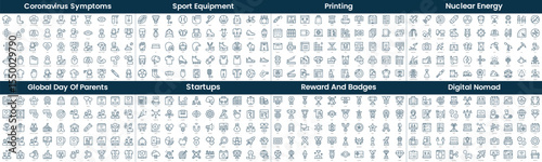Linear Style Icons Pack. In this bundle include coronavirus symptoms, sport equipment, printing, nuclear energy, global day of parents, startups, reward and badges, digital nomad