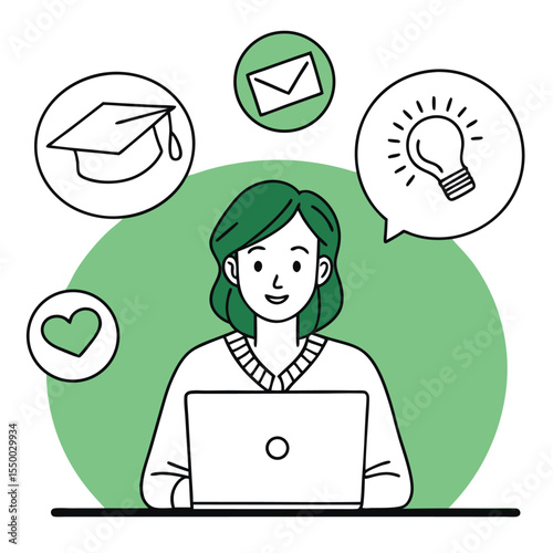 Smiling woman with green hair uses laptop surrounded by icons with transparent background