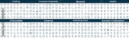 Linear Style Icons Pack. In this bundle include cooking, computer peripherals, brunch, jewelry, chocolate, cinema, marketing online, ancient civilization