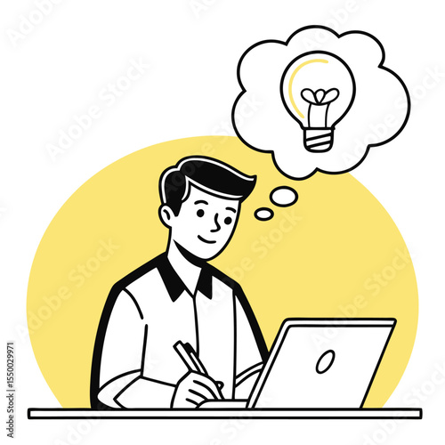 Smiling man draws ideas while looking at laptop, he is in transparent background